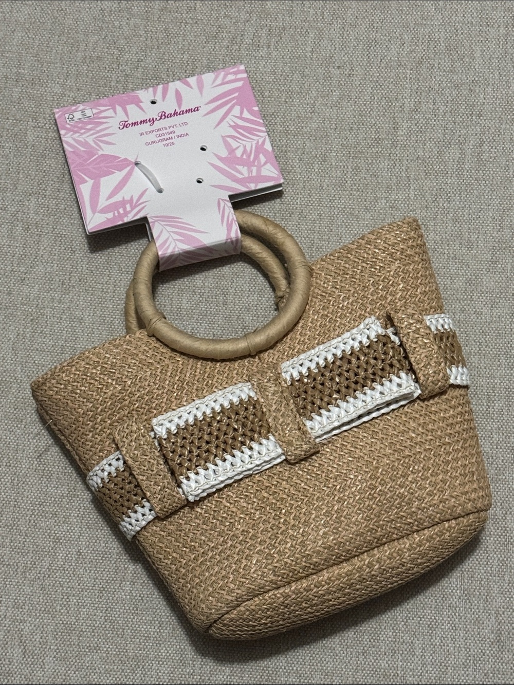 NWT Tommy Bahama Mini Bag-Natural/White Woven Material-OpenTop-Hand Carry Straps